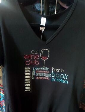 Black V-Neck Women’s Top with Wine Rhinestone Graphic